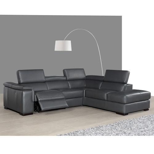 Agata Right Facing Chaise Italian Leather Sectional with Power Recliner in Slate Grey