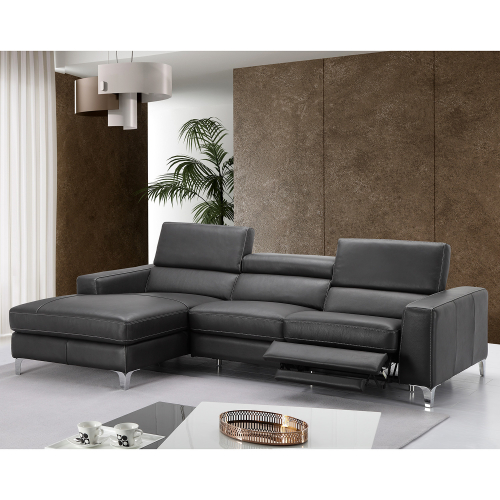 Ariana Left Facing Chaise Italian Leather Sectional with Power Recliner in Dark Grey