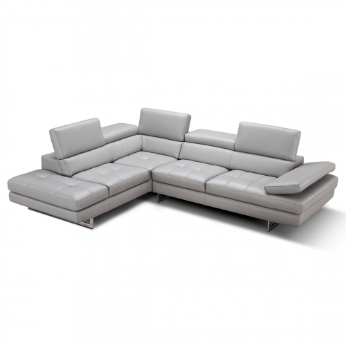 Aurora Italian Leather Sectional in Light Grey with Left Facing Chaise
