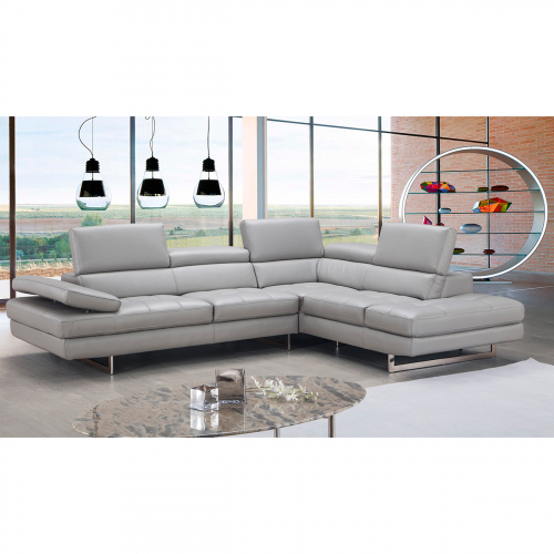 Aurora Italian Leather Sectional in Light Grey with Right Facing Chaise