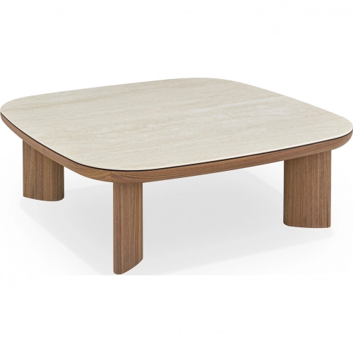 Clover Coffee Table in Travertine Look Ceramic & Walnut Veneer