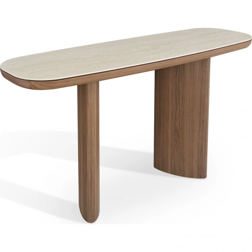 Clover Console Table in Travertine Look Ceramic & Walnut Veneer