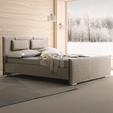 Evergreen Queen Bed in Light Taupe Fabric with Floating Pillow