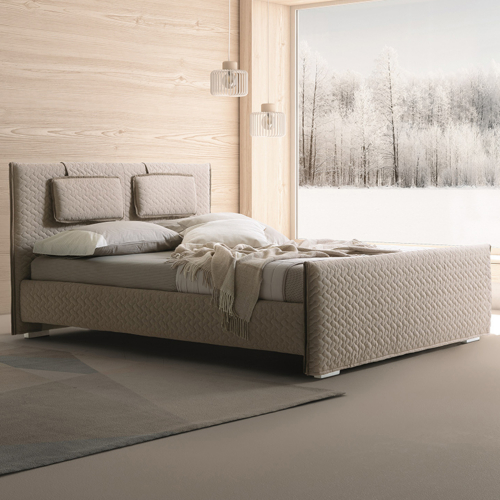 Evergreen Queen Bed in Light Taupe Fabric with Floating Pillow