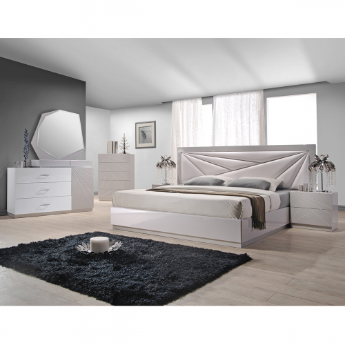 Florence 6 Piece King Bedroom Set in White & Grey Lacquer with Leatherette Headboard