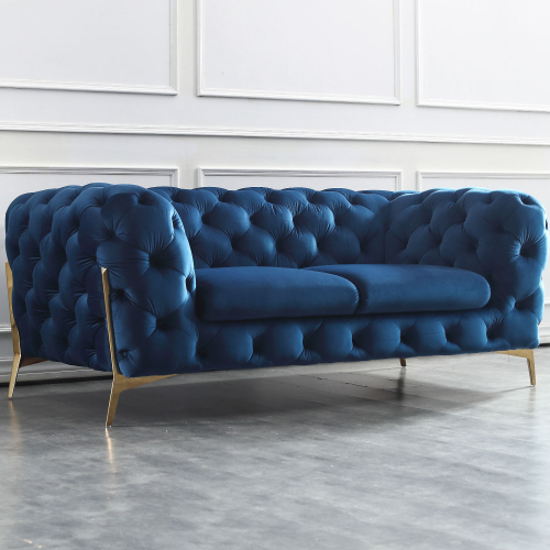 Glamour Loveseat in Tufted Blue Fabric & Gold