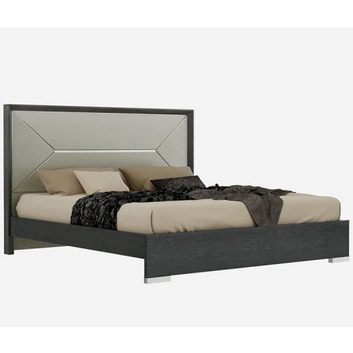Monte Leone Queen Bed in Grey Lacquer with Upholstered Headboard