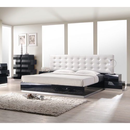 Milan King Bed in Black Lacquer with White Leatherette Headboard