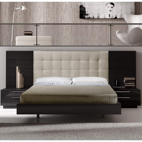 Santana Wing Queen Bed in Black Lacquer with Beige Tufted Headboard