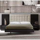 Santana Wing Queen Bed in Black Lacquer with Beige Tufted Headboard