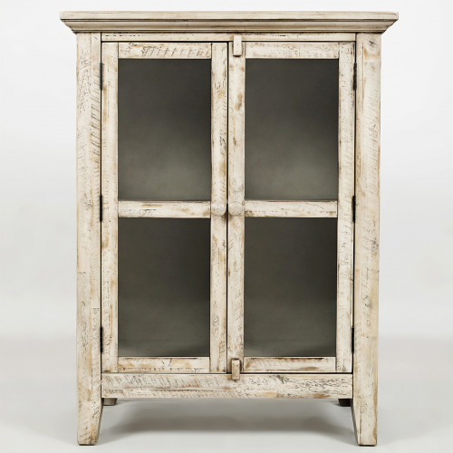 Rustic Shores Scrimshaw 32" Accent Cabinet in Distressed Cream with Glass Doors