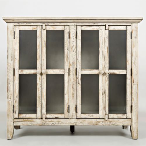 Rustic Shores Scrimshaw 48" Accent Cabinet in Distressed Cream with Glass Doors