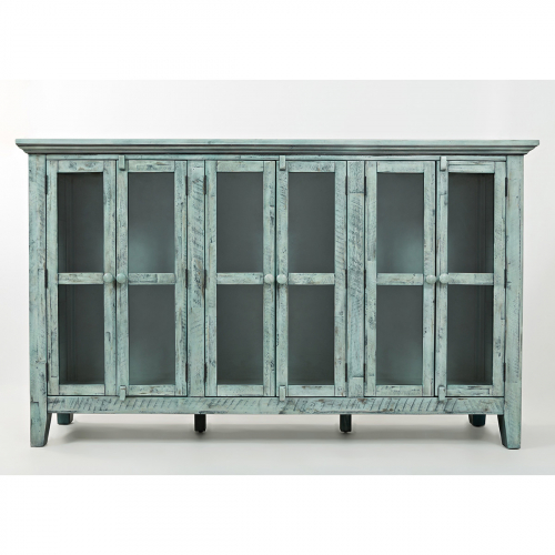 Rustic Shores Surfside 70" Accent Cabinet in Distressed Vintage Blue with Glass Doors