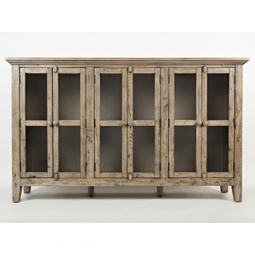 Rustic Shores Watch Hill 70" Accent Cabinet in Distressed Weathered Grey with Glass Doo