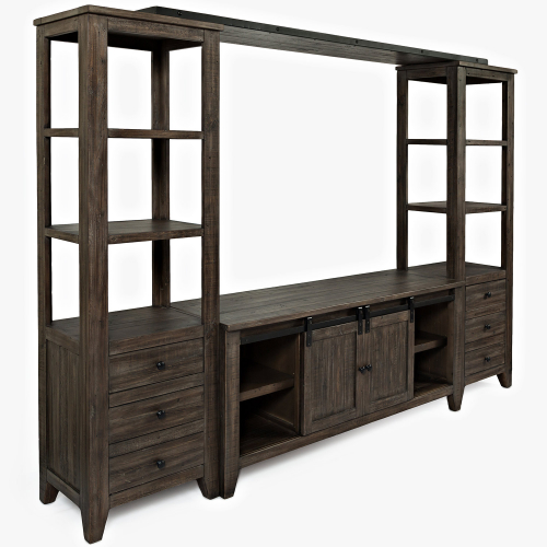 Madison County 4PC Entertainment Center with 60" Barn Door Console in Distressed Barnwood Brown