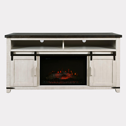Madison County 64" Console TV Stand with Electric Fireplace in Distressed White Wood
