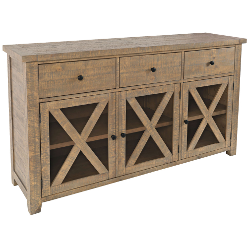Carlyle Crossing Buffet in Distressed Brown Wood & Tempered Glass