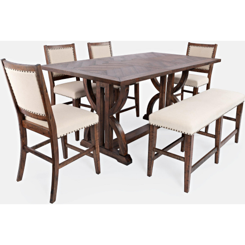 Fairview 78" 7 Piece Dining Set in Distressed Oak Wood & Cream Fabric