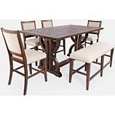 Fairview 78" 7 Piece Dining Set in Distressed Oak Wood & Cream Fabric