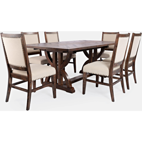Fairview 78" 6 Piece Dining Set in Distressed Oak Wood & Cream Fabric