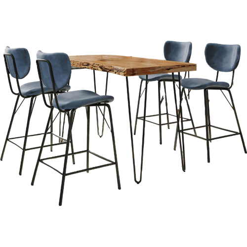 Nature's Edge 5 Piece Counter Dining Set in Natural Finish Wood, Metal & Slate Blue Fabric