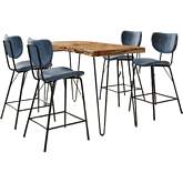 Nature's Edge 5 Piece Counter Dining Set in Natural Finish Wood, Metal & Slate Blue Fabric