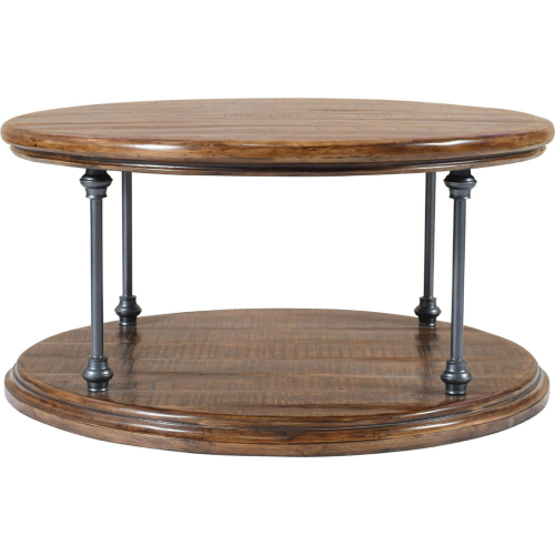 Larson 36" Round Coffee Table with Shelf in Distressed Wood & Iron