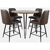 Brennan 5 Piece Round Counter Dining Set in Wood, Metal & Dark Brown Fabric by Jofran
