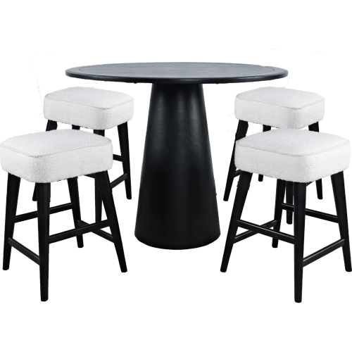 Nash 5 Piece Counter Dining Set in Black Wood & Ivory Boucle Backless Stools