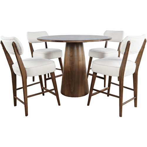 Nash 5 Piece Counter Dining Set in Walnut Finish & Ivory Boucle Counter Stools