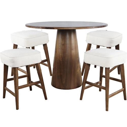 Nash 5 Piece Counter Dining Set in Walnut Finish & Ivory Boucle Backless Stools