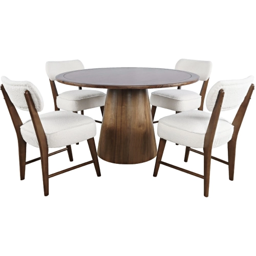 Nash 5 Piece Pedestal Dining Set in Walnut Finish Wood & Ivory Boucle