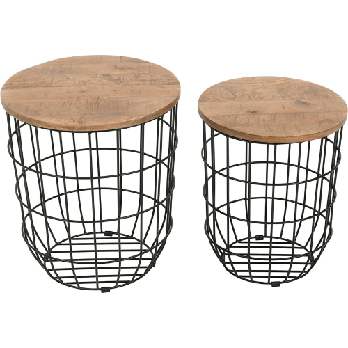 Rondo Nesting Basket End Tables in Wood & Black Metal (Set of 2)