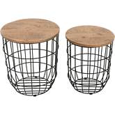 Rondo Nesting Basket End Tables in Wood & Black Metal (Set of 2)