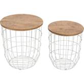 Rondo Nesting Basket End Tables in Wood & White Metal (Set of 2)