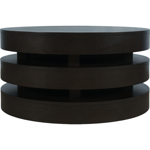 Brix Floating Sculpture Layered Round Coffee Table with Casters in Espresso Brown Wood