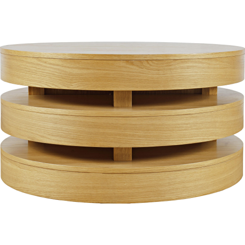 Brix Floating Sculpture Layered Round Coffee Table with Casters in Oak Finish Wood