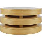Brix Floating Sculpture Layered Round Coffee Table with Casters in Oak Finish Wood
