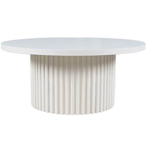 Auden 40" Round Fluted Pedestal Coffee Table w/ Casters in White Wood