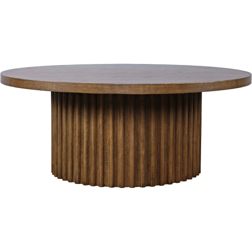 Auden 40" Round Fluted Pedestal Base Coffee Table w/ Casters in Chestnut Brown Wood
