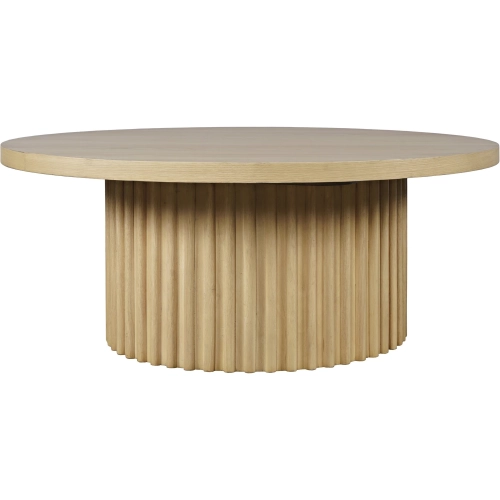 Auden 40" Round Fluted Pedestal Base Coffee Table w/ Casters in Natural Brown Wood