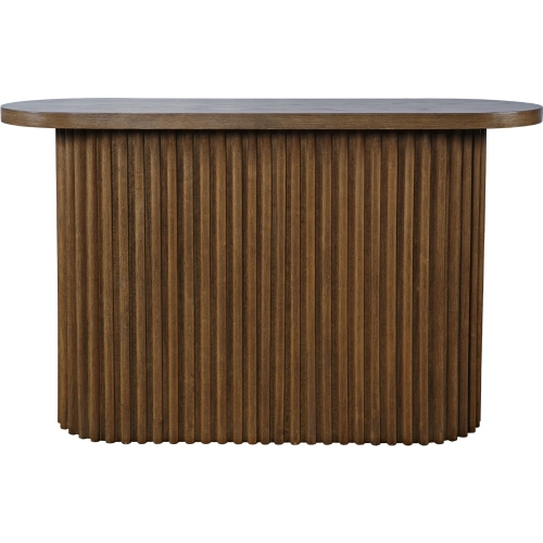 Auden Oval Fluted Pedestal Base Sofa Console Table in Chestnut Brown Wood