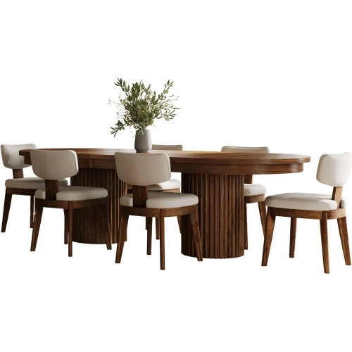 Auden 7 Piece Double Pedestal Dining Set in Chestnut Brown Wood & Gray Fabric