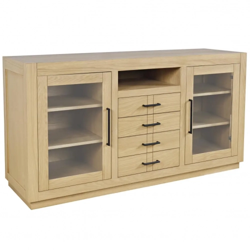 Auburn Hills 60" TV Stand Media Console in Light Oak Finish Wood & Tempered Glass