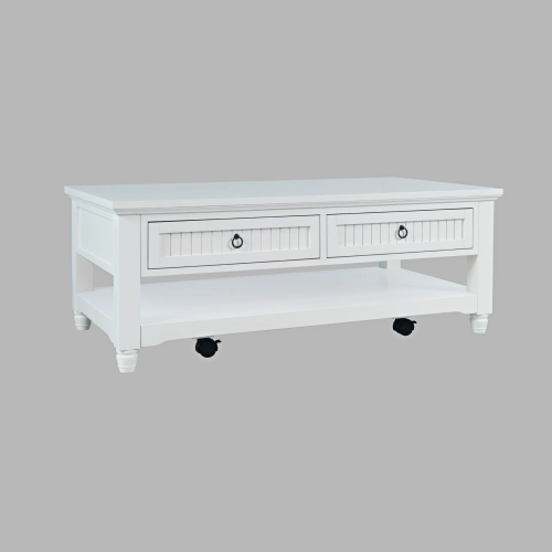 Westport 50" 2 Drawer Coffee Table w/ Casters in White Wood
