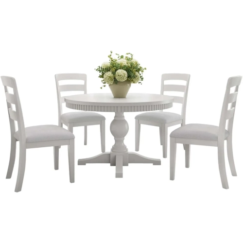 Westport 5 Piece 66" Pedestal Dining Set in White Wood & Neutral Fabric