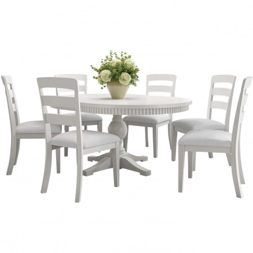 Westport 7 Piece 66" Pedestal Dining Set in White Wood & Neutral Fabric