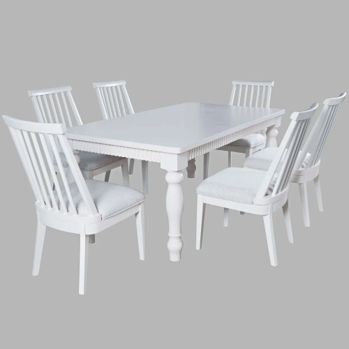 Westport 7 Piece 72" Dining Set in White Wood & Beige Fabric