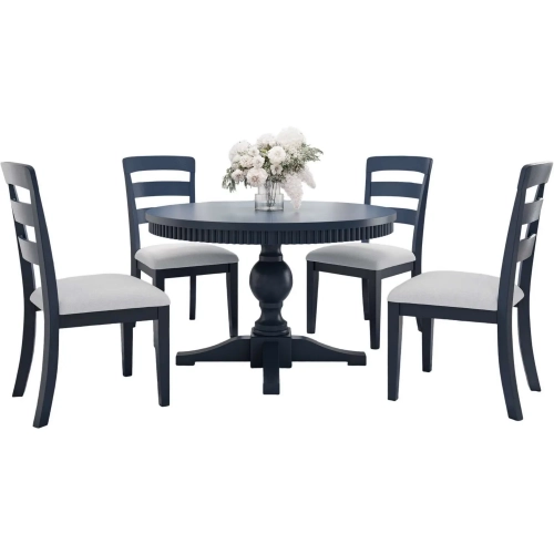 Westport 5 Piece 66" Pedestal Dining Set in Navy Blue Wood & Neutral Fabric
