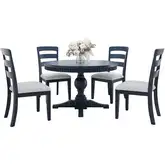 Westport 5 Piece 66" Pedestal Dining Set in Navy Blue Wood & Neutral Fabric